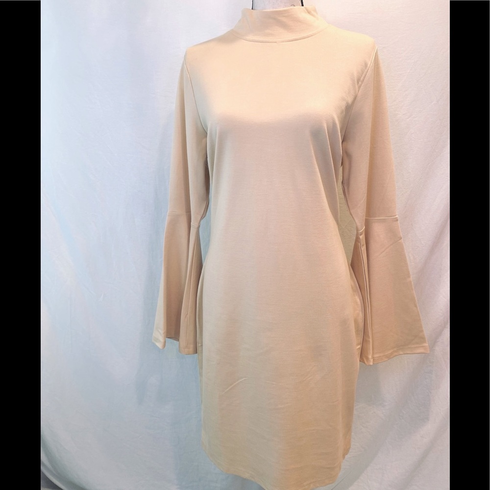 Venus Neutral Color Mock Neck Flair Sleeve Dress - Picture 1 of 13